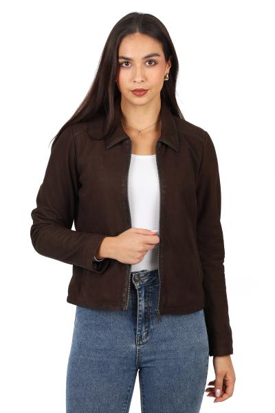 Damska kurtka skórzana,  FRIDA  nubuk brown